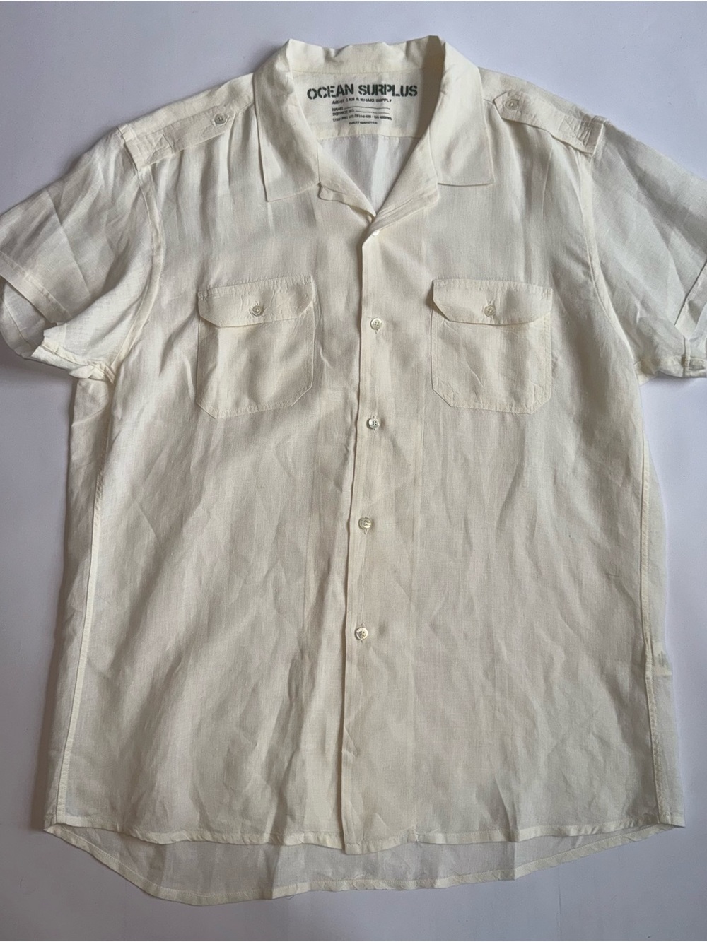 L’Egoïste Men’s XXL 100% Linen Cream Military Utility Short Sleeve Shirt